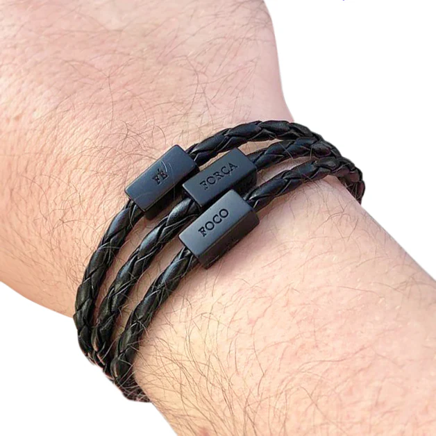 Men's Bracelet Black Leather Silver Adjustable with words of Focus, Strength, Faith, & Courage in Portuguese - CLEARANCE / FINAL SALES - Image 3
