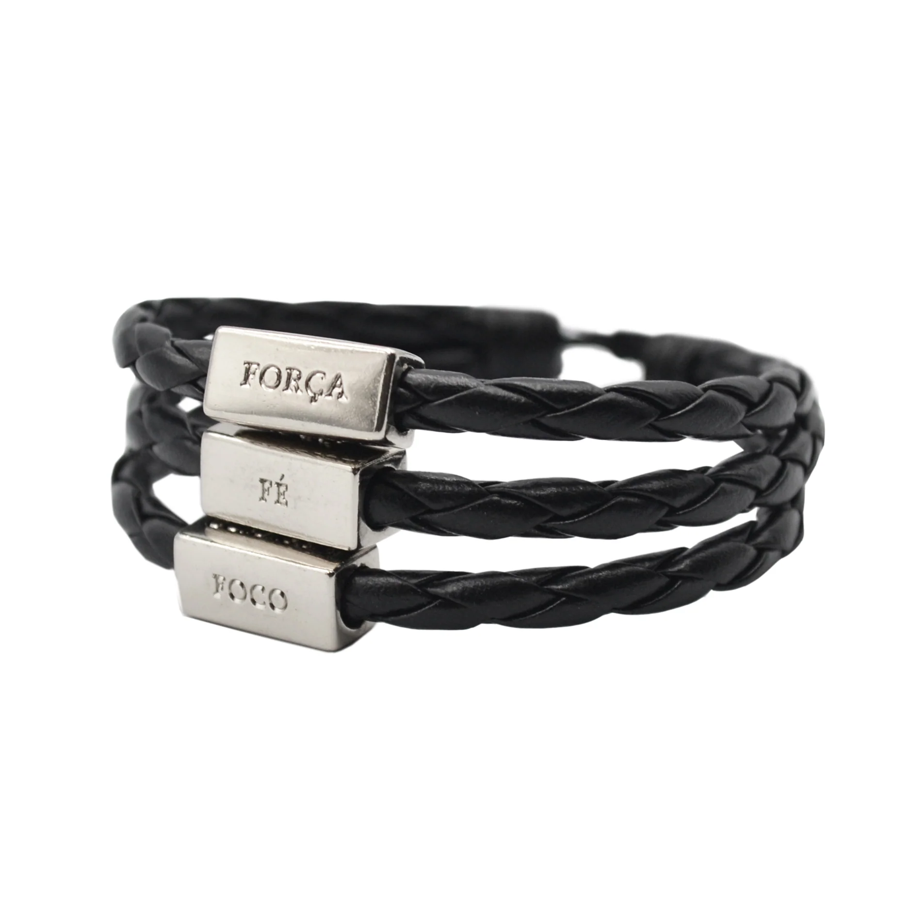Men's Bracelet Black Leather Silver Adjustable with words of Focus, Strength, Faith, & Courage in Portuguese - CLEARANCE / FINAL SALES - Image 4