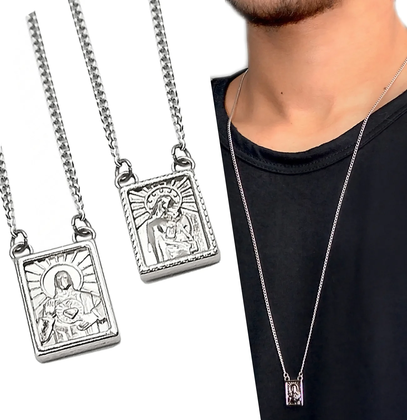 Men's Stainless Steel Scapular in Black or Silver, - Men's Necklace - Male Jewelry - Image 4