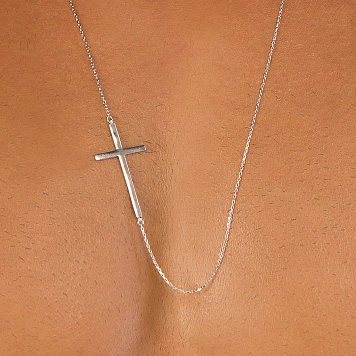 Sideways Silver Male Cross Necklace - Silver Men's Necklace - Image 3